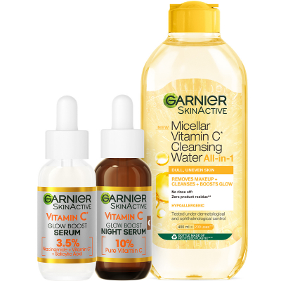 Garnier Vitamin C: Vitamin C Glow Boost Serum + Micellar Vitamin C Cleansing Water + Vitamin C Double Renew 10% Night Serum