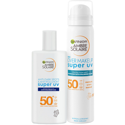 Garnier Ambre Solaire Super UV Over Makeup Mist Hyaluronic Acid SPF50+ + Ambre Solaire Super UV Anti-Dark Spots & Anti-Pollution Fluid SPF50+ 