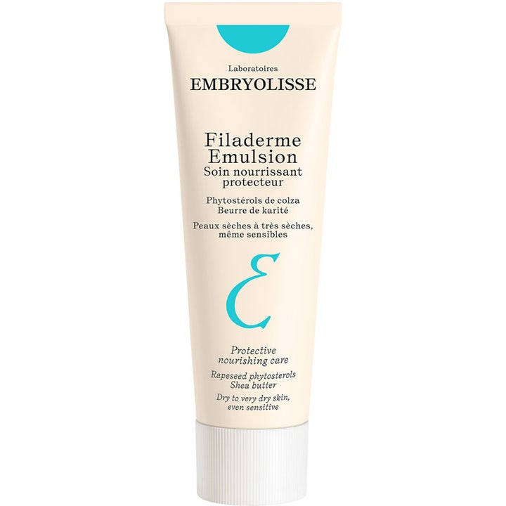 Embryolisse Filaderme Emulsion närande kräm för torr hud i en beige tub med turkos logotyp och vitt lock.