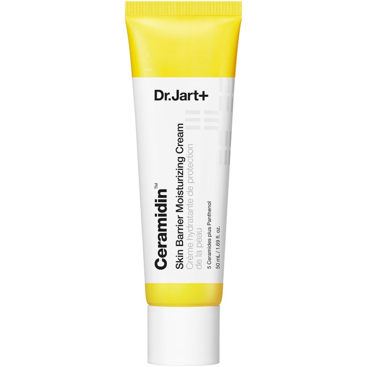 Dr. Jart+ Ceramidin Skin Barrier Moisturizing Cream 50 ml är en ceramid återfuktande ansiktskräm i gul och vit tub.