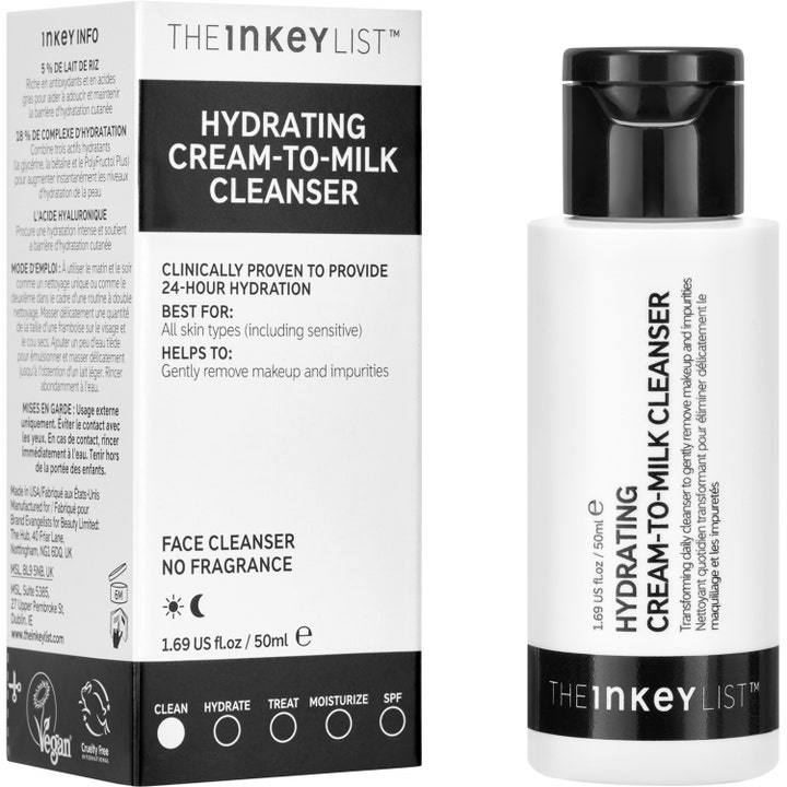 The INKEY List Hydrating Cream to Milk Cleanser 50 ml återfuktande ansiktsrengöring i vit flaska bredvid sin förpackning