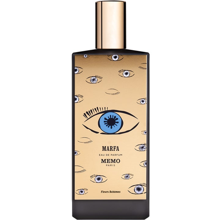 Memo Paris Marfa Eau de Parfum 75 ml parfym i en svart flaska prydd med ett blått öga på guldig bakgrund