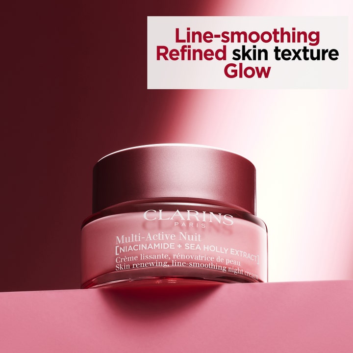 Clarins Multi-Active Nuit 50 ml nattkräm med niacinamid i rosa glasburk slätar ut linjer och ger lyster.