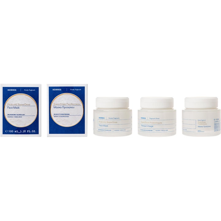 KORRES Greek Yoghurt Probiotic SuperDose Face Mask 100 ml lugnande probiotika hudvård i vita burkar och blåvita askar