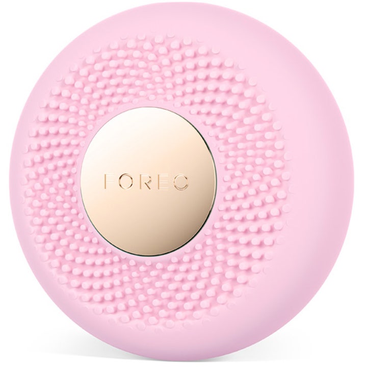 FOREO UFO 3 mini Pearl Pink 1 st beauty tech för lyster i ljusrosa silikon med knottrig textur och guldplatta