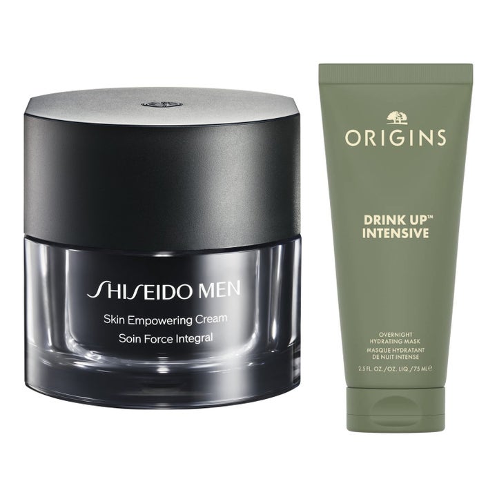 Shiseido Men Skin Empowering Cream och Origins Drink Up Intensive 75ml som ger fukt i svart glasburk och grön tub