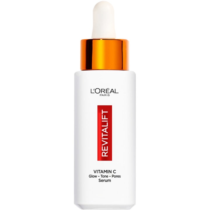 L'Oréal Paris Vitamin C Serum lysterivande anti-aging serum mot fina linjer i vit flaska med orange krage och pipett.
