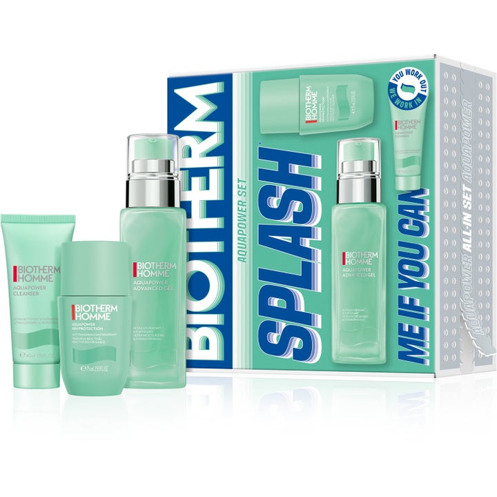 Biotherm Homme Aquapower Set återfuktande hudvårdsset som ger fukt med mintgröna flaskor framför en dekorativ box