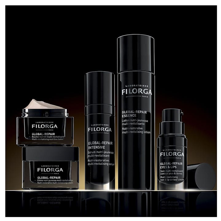 FILORGA Global-Repair Balm 50 ml antiaging dagkräm i svart burk med krämig textur omgiven av hela serien