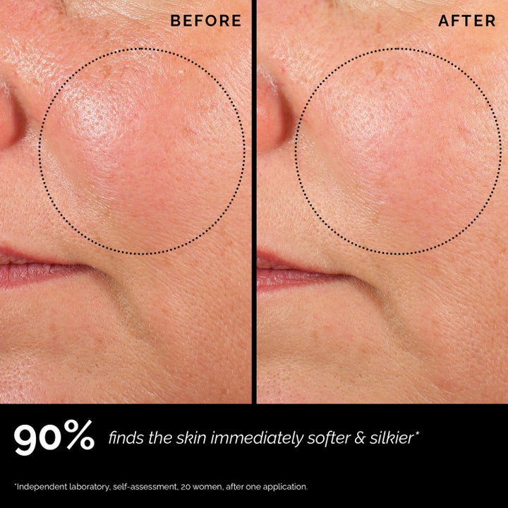 Skin Regimen Longevity Collagen+ Serum 30 ml mjukgörande serum visar före och efter resultat för en silkigare hy.
