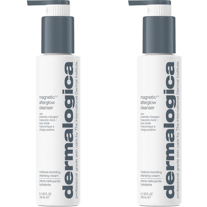Dermalogica Magnetic Afterglow Cleanser 150 ml återfuktande rengöringskräm i två vita flaskor med mörkgrå pump