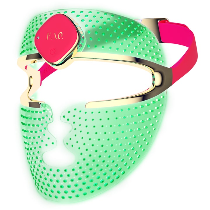 FAQ Swiss 201 Silicone RGB LED Face Mask 1 st ger lyster med grönt ljus och rosa detaljer.