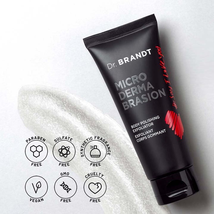 Dr Brandt Microdermabrasion Body Exfoliator 100 g dr brandt kroppspeeling i svart tub med kornig vit peelingtextur.