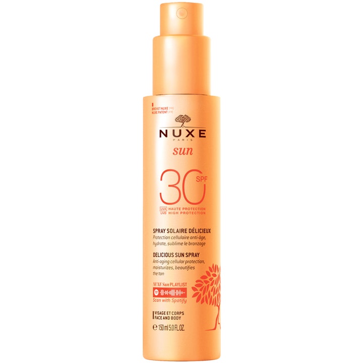 Nuxe Sun Spray SPF30 150 ml ger anti-aging solskydd och hydrering i en hög orange sprayflaska med pump.