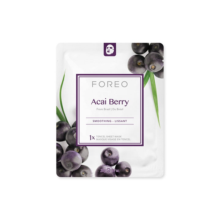 FOREO Farm To Face Acai Berry 20 g acai berry sheet mask återfuktande i vit förpackning med lila acaibär