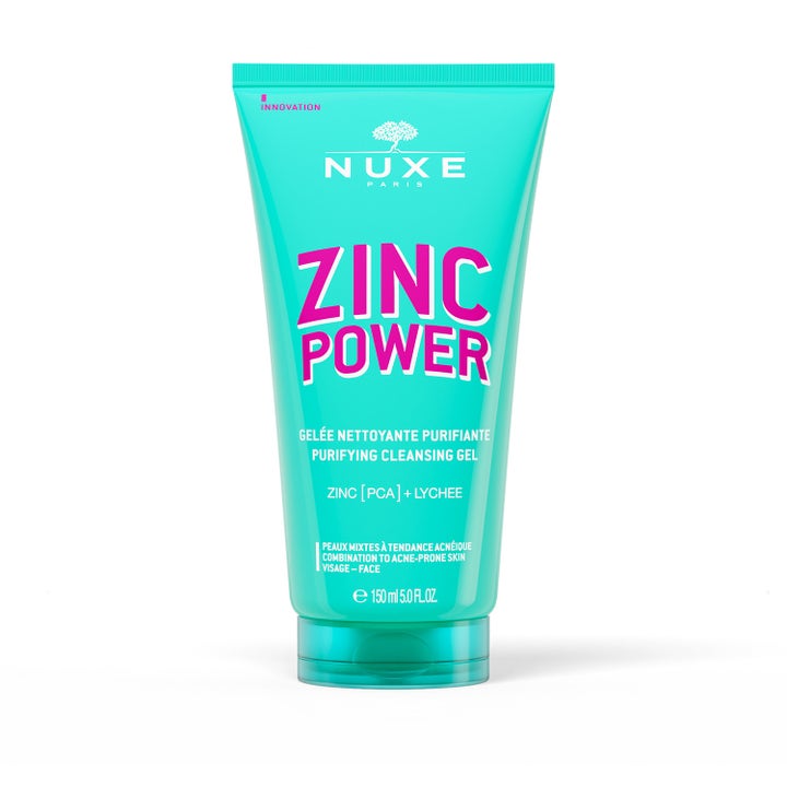 Nuxe Zinc Power 150 ml djuprengörande ansiktsrengöring i turkos plasttub med tydlig rosa text för aknebenägen hy.