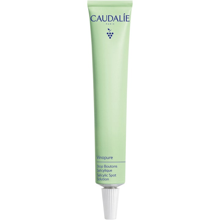 Caudalie Vinopure Salicylic Spot Solution 15 ml punktbehandling mot orenheter i smal ljusgrön tub med vit kork