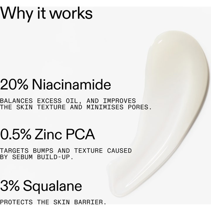 The INKEY List Niacinamide Serum 30 ml niacinamid ansiktsserum för oljekontroll med krämig textur och text om 20% niacinamid