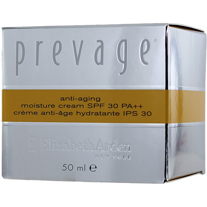 Elizabeth Arden Prevage Anti-Aging Moisture Cream 50 ml i en silvrig ytterförpackning med gulddetalj.