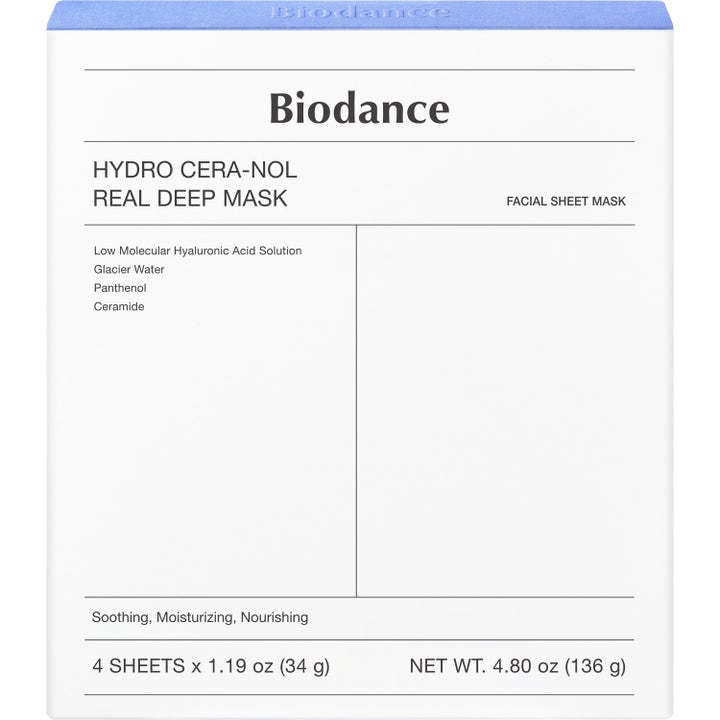 Biodance Hydro Cera-nol Real Deep Mask 4-pack återfuktande ansiktsmask med panthenol i vit och blå ytterförpackning