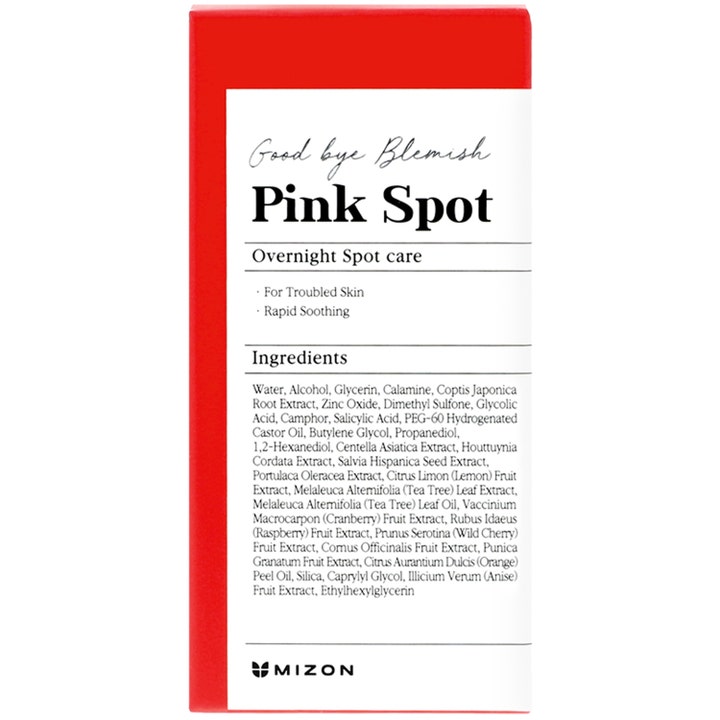 Mizon Good Bye Blemish Pink Spot 19 ml blemishkräm i röd och vit ytterförpackning för spotbehandling över natten