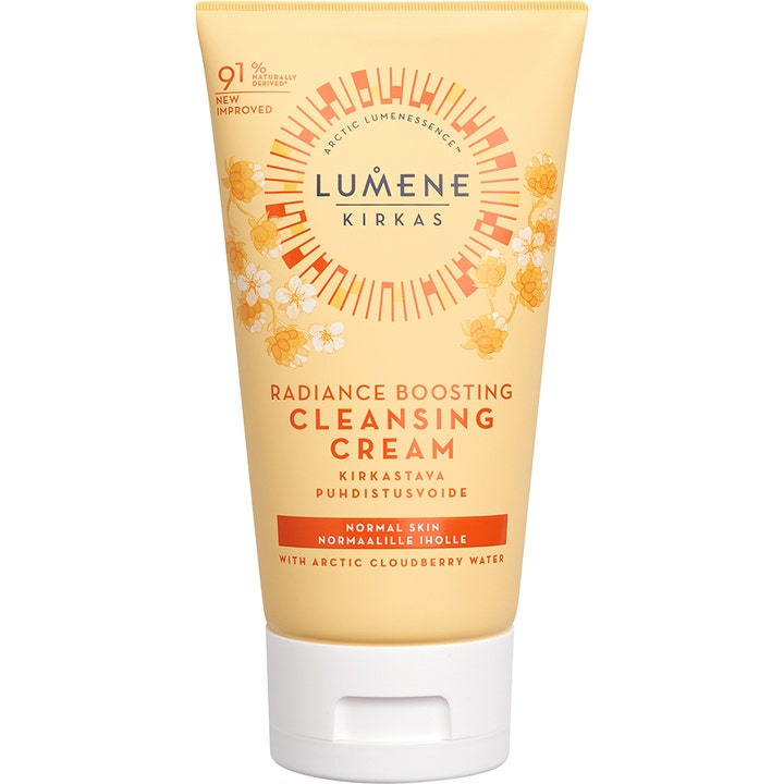 Lumene Kirkas Radiance Boosting Cleansing Cream mild ansiktsrengöring för daglig användning i en gul tub med hjortron