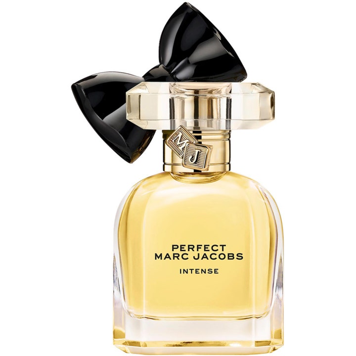 Marc Jacobs Perfect Intense 30ml eau de parfum dam i glasflaska med guldgul vätska och dekorativ svart rosett