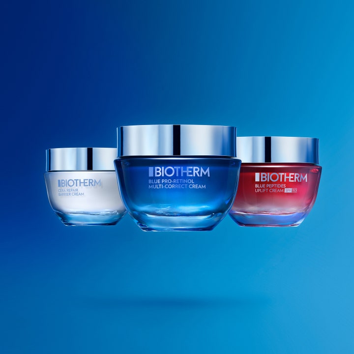 Biotherm Blue Pro-Retinol 30 ml fuktgivande ansiktskräm i blå glasburk ger hudföryngring bland andra hudvårdsprodukter.