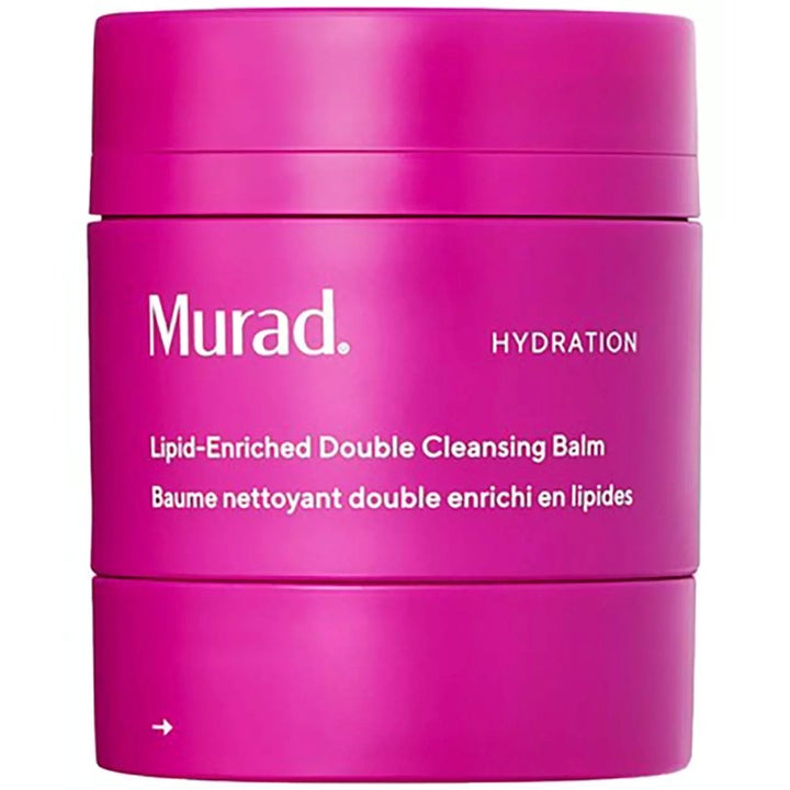 Murad Lipid-Enriched Double Cleansing Balm återfuktande rengöringsbalsam i en starkt rosa burk med vit text