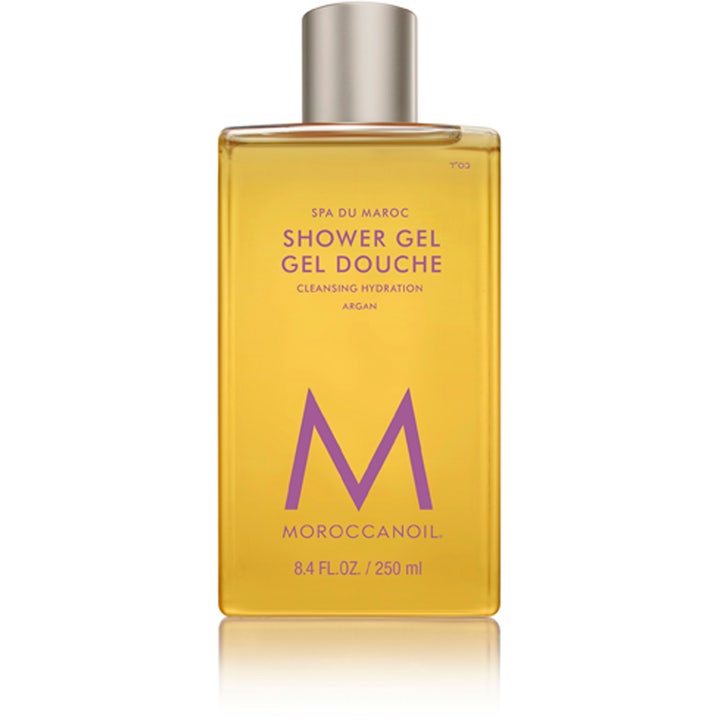 Moroccanoil Spa Du Maroc 250 ml arganolja duschgel som ger fukt i en genomskinlig rektangulär flaska med silverlock