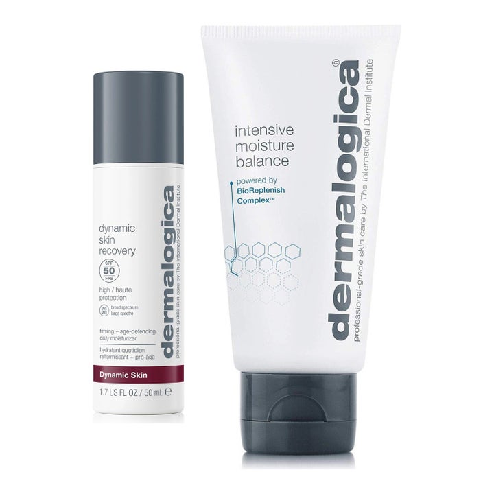 Dermalogica anti-aging hudvård set med anti-rynk dagkräm med spf 50 i vit pumpflaska och närande ansiktskräm i tub.