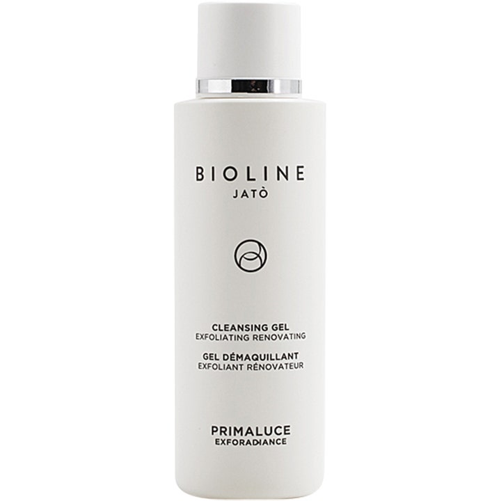 Bioline Jatò Primaluce Cleansing Gel djuprengörande exfoliering i vit plastflaska med silvrig detalj på locket