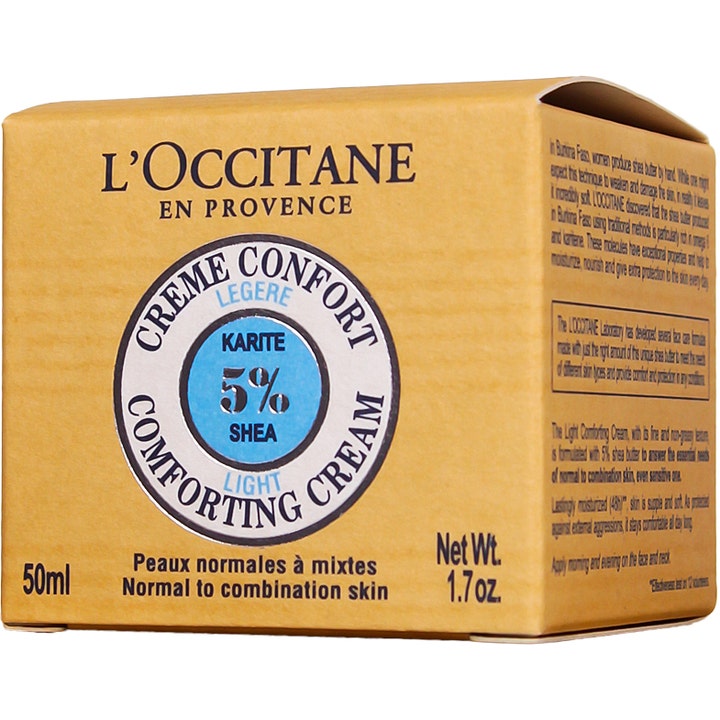 L'Occitane en Provence Comforting Cream Light 50 ml fransk återfuktande dagkräm med sheasmör i gul pappersförpackning