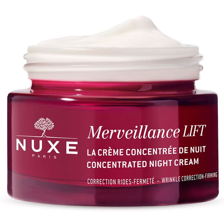 Nuxe Merveillance LIFT Concentrated Night Cream 50 ml uppstramande nattkräm i röd glasburk med krämig vit textur.