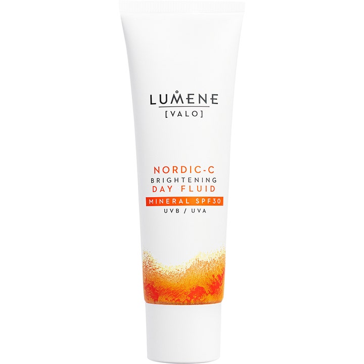 Lumene Nordic-C Brightening Day Fluid 50 ml lystergivande c vitamin hudvård ansiktsfluid i vit tub med orange mönster