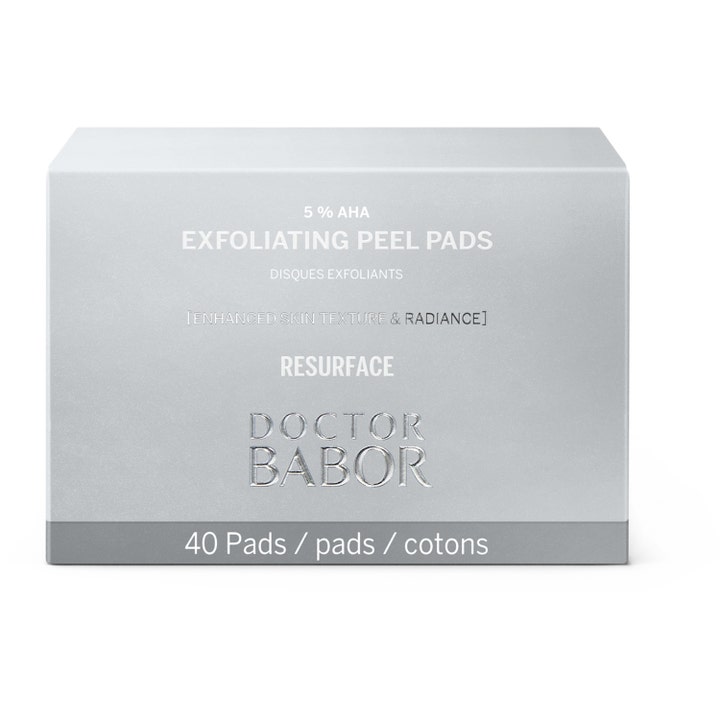 Doctor Babor Exfoliating Peel Pads 40 st ger lyster med 5% aha exfoliering i en silvergrå ytterbox