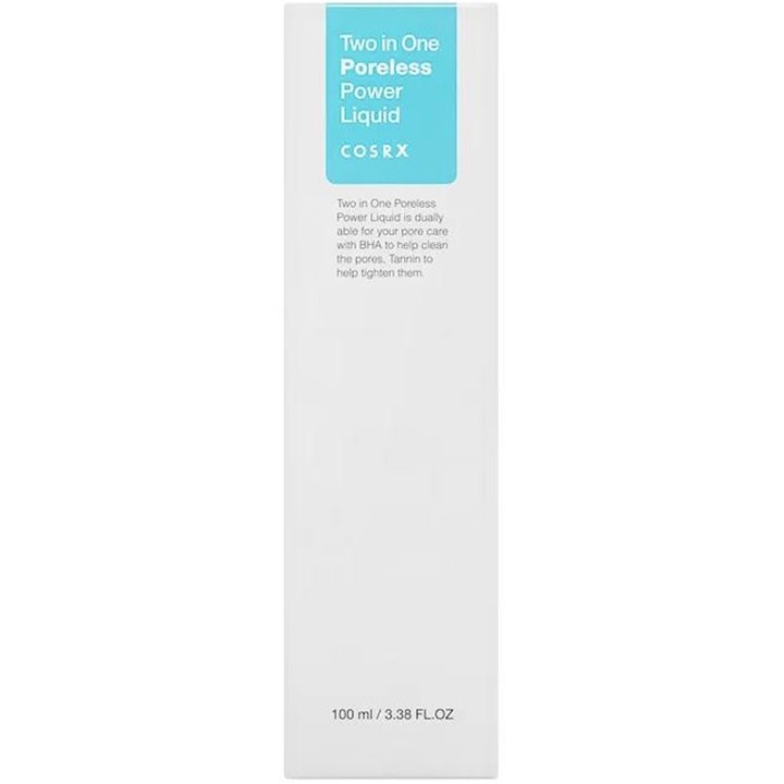 COSRX Two In One Poreless Power Liquid 100 ml toner i vit kartong med salicylsyra BHA som minskar stora porer