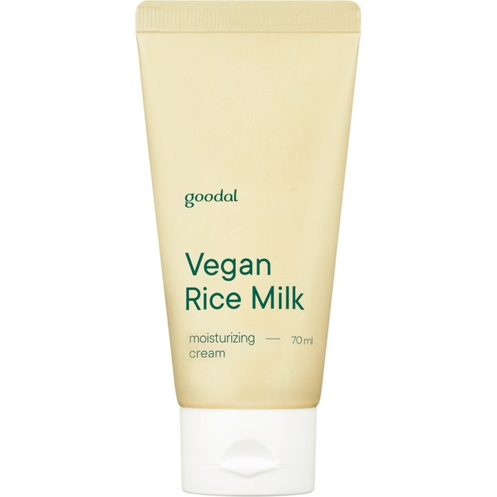 Goodal Vegan Rice Milk 70 ml mild återfuktande ansiktskräm i ljusgul tub med vitt klicklock.