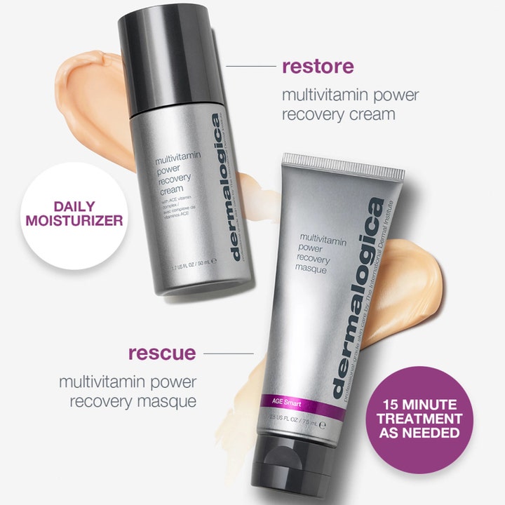 Dermalogica Stressed Skin Recovery System med ansiktsmask och kräm mot krämig beige textur ger återhämtning.