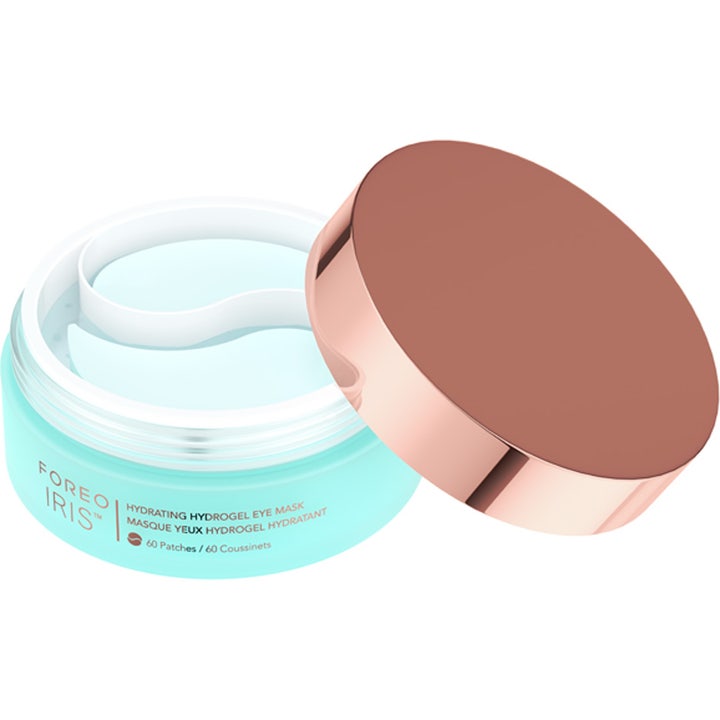 FOREO IRIS Hydrating Hydrogel Eye Mask 60 g återfuktande hydrogel patches i en blå burk med lock i roséguld.