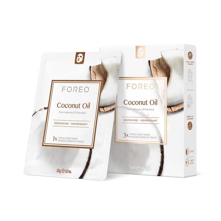 FOREO Coconut Oil 3-pack återfuktande sheet mask med kokosolja ansikte i vit förpackning med kokosnötsmotiv