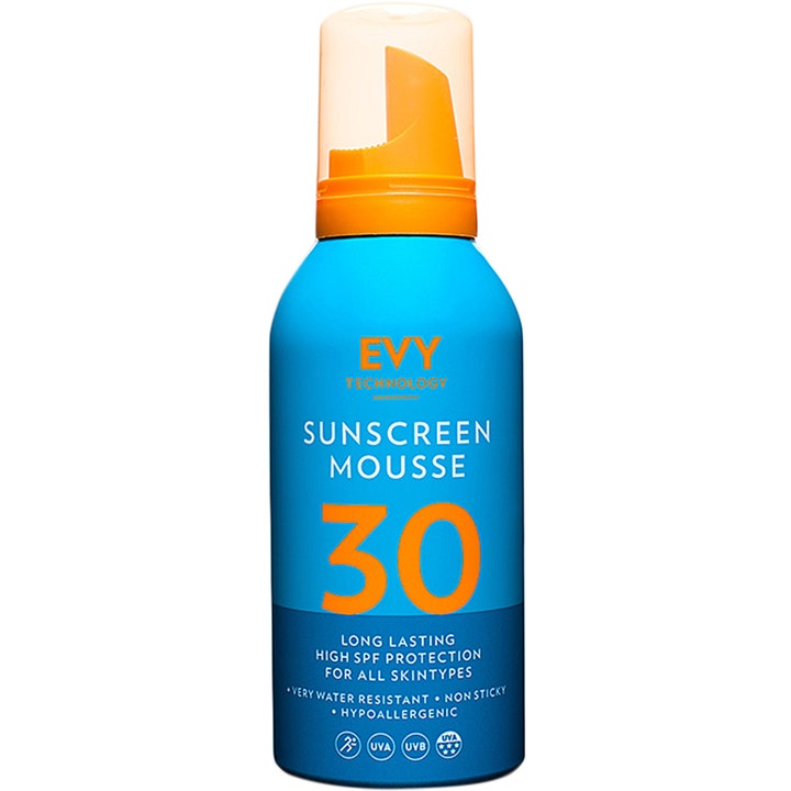 EVY Sunscreen Mousse SPF30 150 ml blå flaska med orange kork ger ett långvarigt solskydd mot UV-strålar.