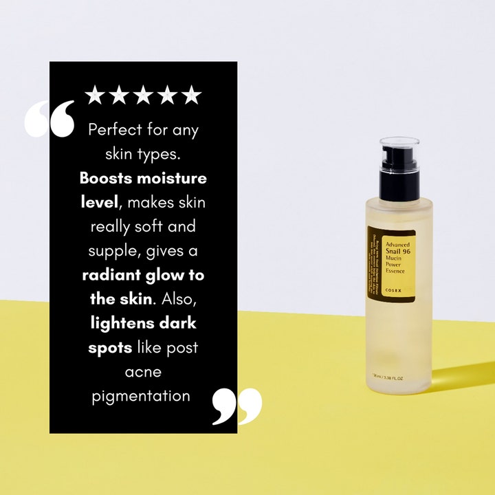 COSRX Advanced Snail 96 Mucin Power Essence 100 ml hudreparation essence bredvid en kundrecension med fem stjärnor