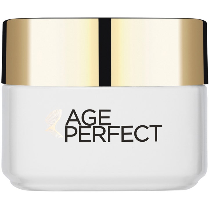 L'Oréal Paris Age Perfect 15 ml anti-aging återfuktande ögonkräm mot påsar i vit glasburk med guldlock