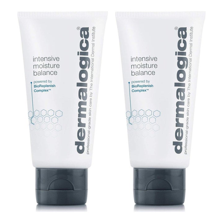 Dermalogica Intensive Moisture Balance duo återfuktande ansiktskräm i två vita tuber med mörkgrå lock.