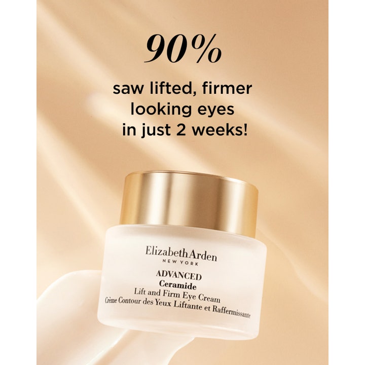 Elizabeth Arden Ceramide Lift & Firm Eye Cream 15 ml ögonkräm i burk med text om 90% lyftande resultat på 2 veckor.