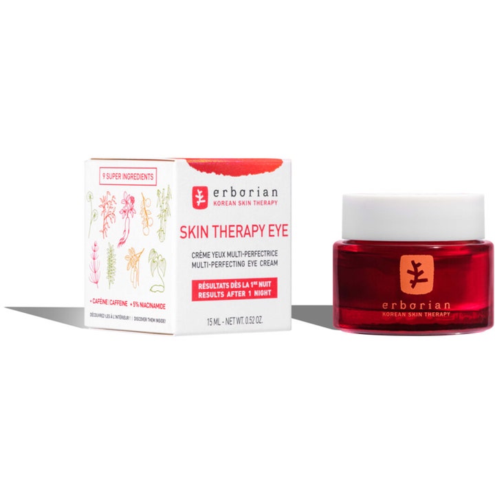 Erborian Skin Therapy Eye 15 ml koreansk ögonkräm i röd glasburk med vit ytterförpackning.