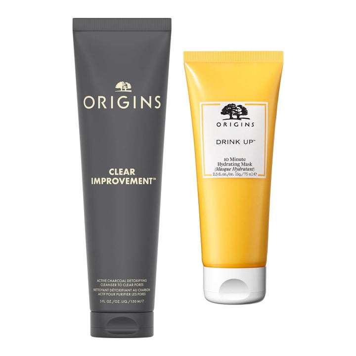 Origins Clear Improvement 150 ml och Drink Up 75 ml djuprengörande ansiktsprodukter i grå och gul tub för klar hy
