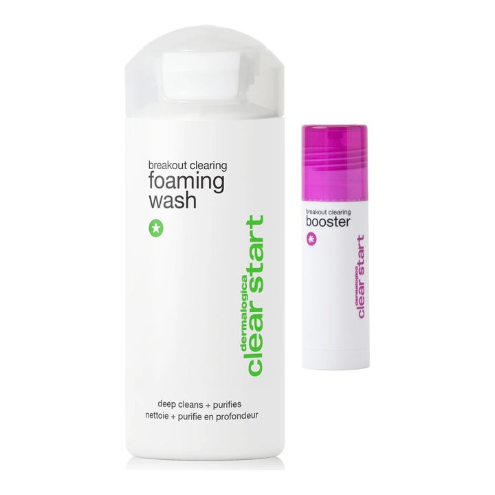 Dermalogica Clear Start Booster och Foaming Wash mot orenheter i vita flaskor med lila lock och grön text