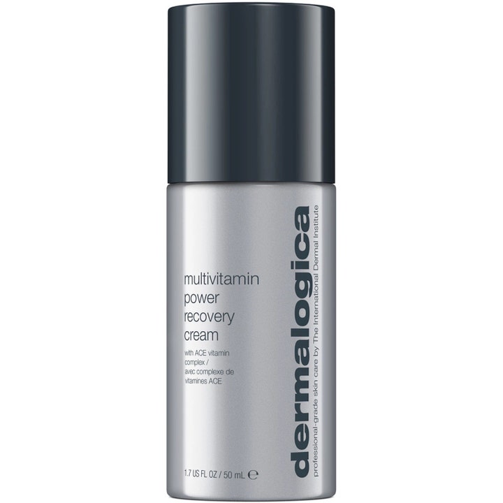 Dermalogica Multivitamin Power Recovery Cream 50 ml återhämtningskräm med multivitamin ACE komplex i en silverfärgad flaska.